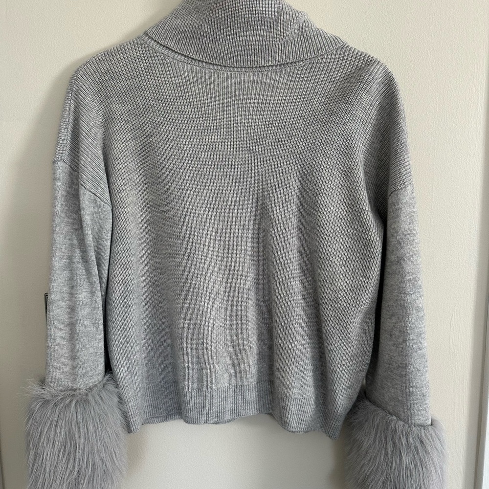Ramy Brook Sistene Faux Fur Trim Cowl Neck Grey Sweater SIZE S (Petite)